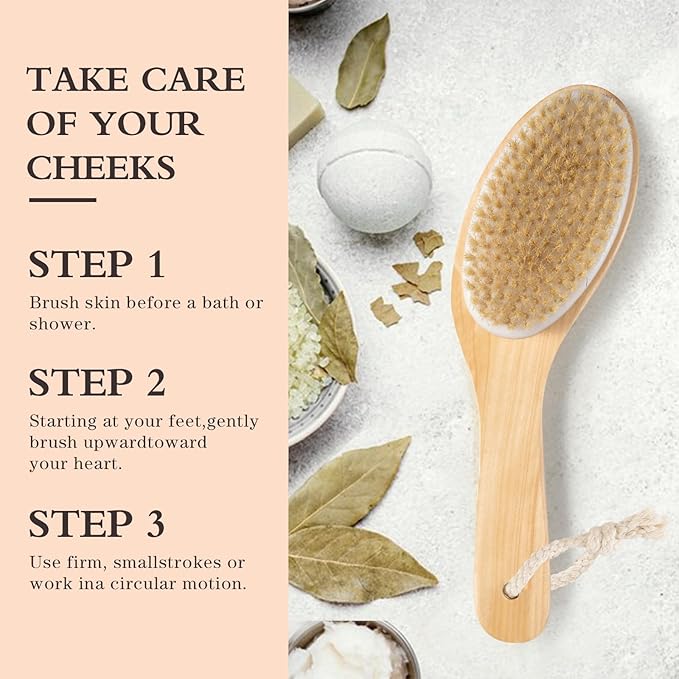 Bamboo Curved Long Handle Dry Brushes, Dry Body Brush for Dry Skin, Blood Circulation, Cellulite Treatment，Wet and Dry Brush Suitable for All Kinds of Skin with Soft and Stiff Bristles