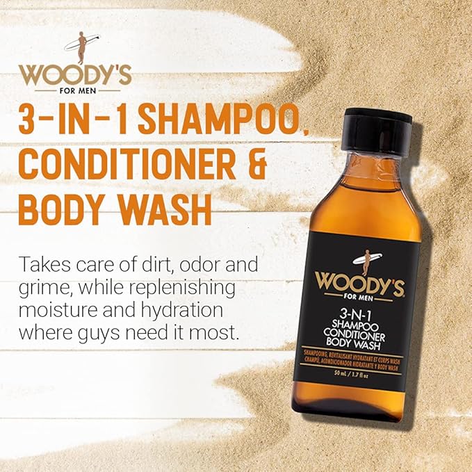 Woody's Mens 3-in-1 Shampoo, Conditioner, & Body Wash Travel-Size, Refreshing Multi-Use Cleanser Grooming Essential, 1.7 fl oz