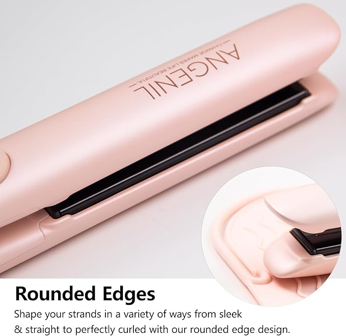 ANGENIL Pro Round Pink Dual Voltage Hair Straightener Irons, Titanium Flat Iron Hair Straightener and Curler 2 in 1 with Heat Resistant Silicone Mat, Smoothness, Large LCD Display, 20S Fast Heat Up