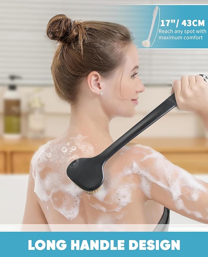 Back Scrubber for Shower with 17" Long Handle, Non-Slip Grip Dry Brushing Body Brush, Natural Boar Bristles Shower Brush for Lymphatic Drainage, Back Brush for Shower Men & Women – Boar Bristles