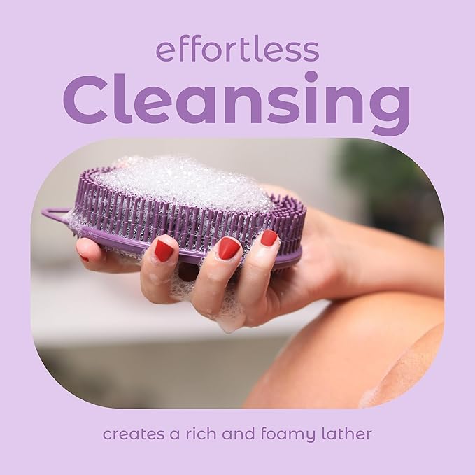 MainBasics Silicone Body Scrubber – Dual-Sided Shower Exfoliator for Men & Women, Gentle Silicone Loofah Alternative for Deep Clean (Purple, Exfoliate)