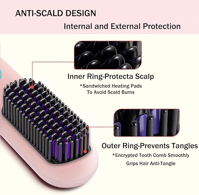 OUEST Cordless Hair Straightener Brush, Portable Mini Straightener Flat Iron, Ceramic Hot Comb with Negative Ions for Women, Lightweight Heated Hair Brush for Travel, Pink