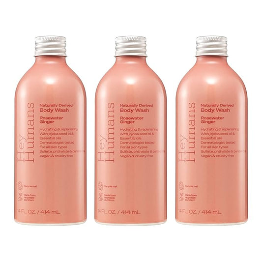Hey Humans Rosewater Ginger Moisturizing Body Wash with Natural Ingredients & Jojoba Oil | Clean, Vegan, Sulfate Free Bath & Body Wash for Women | Recyclable Bottle, 14 fl. oz. - Pack of 3