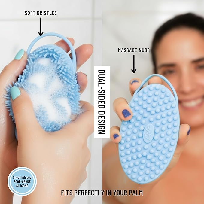 Silicone Body Scrubber for Shower - Gentle Exfoliating Back Scrubber with Soft Bristles - Avilana Premium Dual Sided Bath Brush Massage - Loofah Alternative for Sensitive Skin - Gift Women Men