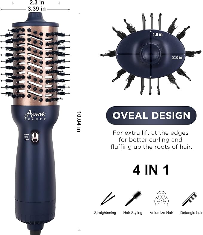 Aima Beauty Worldwide Travel Hair Dryer Brush 110-240V Dual Voltage Blow Dryer Brush Hot Air Brush Oval Barrel 360° Hot Airflow, Negative Ionic Frizz-Free Dry/Straightening/Voluming,Prussian Blue