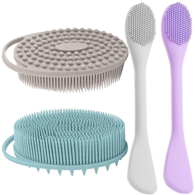 2-in-1 Silicone Face & Body Scrubber Applicator - Dual-Sided Exfoliating Brush & Lotion Spatula for Skincare, Makeup, Shower Bath - Set of 3, Soft Easy-to-Clean, Sensitive Skin for All Ages