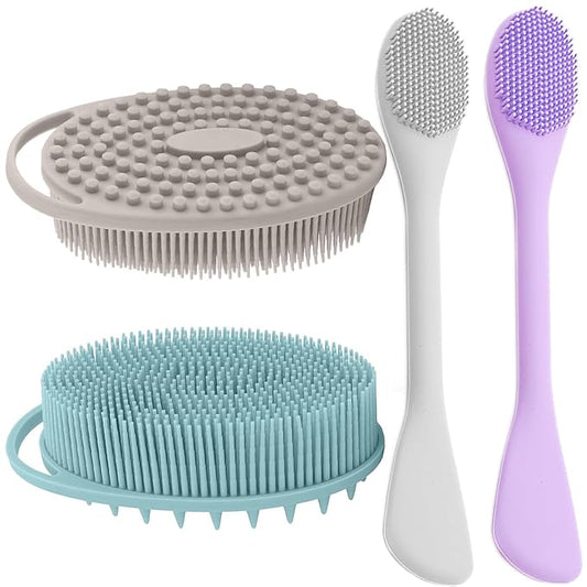 2-in-1 Silicone Face & Body Scrubber Applicator - Dual-Sided Exfoliating Brush & Lotion Spatula for Skincare, Makeup, Shower Bath - Set of 3, Soft Easy-to-Clean, Sensitive Skin for All Ages