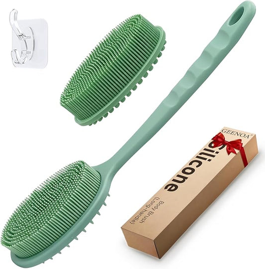 Silicone Back Washer for Shower, Gentle Exfoliating Body & Back Scrubber with Handle, Silicone Loofah with Two Dual-Side & Replaceable Brush Heads(Green-Two Heads)