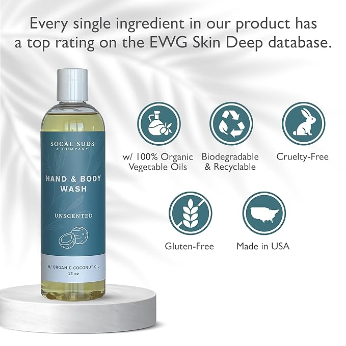 SoCal Suds & Company - 12oz Organic Soap Liquid, Gentle Hand & Body Wash, Organic Body Wash for Men and Women, Made w/Organic Oils & Coconut Oil, Bath Essentials for All Skin Types - Fragrance-Free