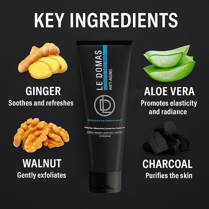 Botanical Face Wash with Ginger, Walnut, Aloe Vera & Charcoal – Hydrating Facial Cleanser for Men & Women – Sulfate Free, Gentle Skin Care Products & Face Wash for All Skin Types, 4 fl oz
