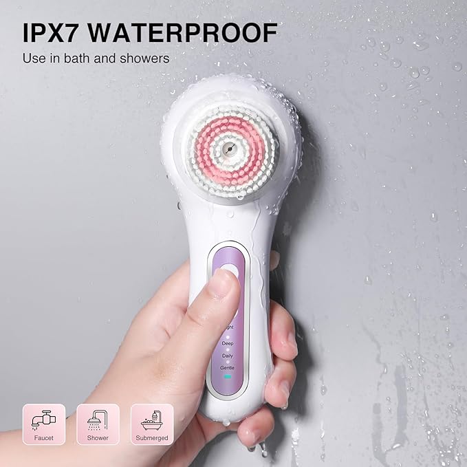 Face Scrubber Exfoliator, Rechargeable Facial Cleansing Brush with 2-Way Rotation & 3 Modes, 30-Day Runtime, 5 Brush Heads for SPA-Level Care, IPX7 Waterproof, Deep Cleaning for All Skin Types