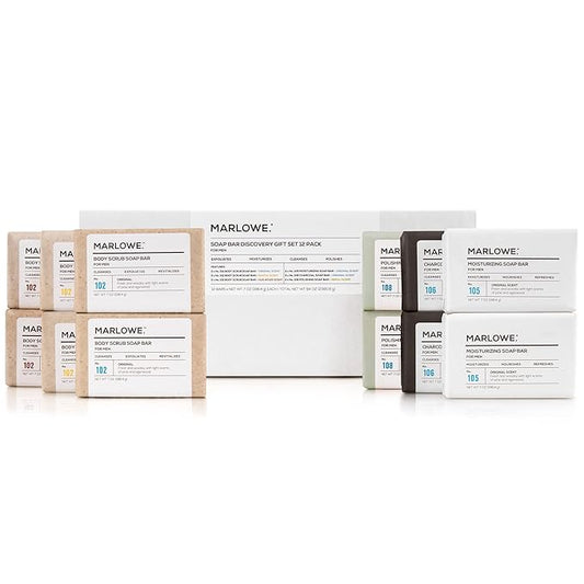 MARLOWE. Soap Bar Discovery Gift Set, Mens Skin Care Variety Selection of Exfoliating Body Scrub, Charcoal, Moisturizing & Polishing Body Bar Soaps for Men, 12 Pack