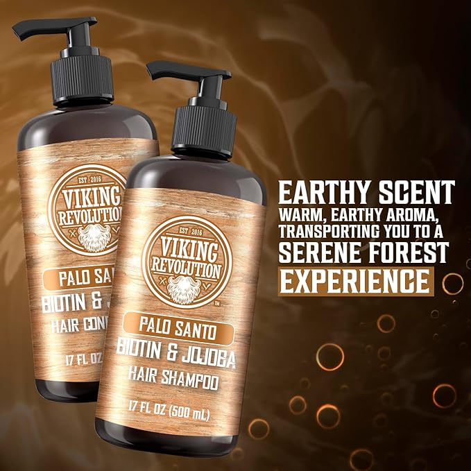 Viking Revolution Palo Santo Mens Shampoo and Conditioner Set with Biotin and Jojoba Oil - Natural Hair Shampoo and Hair Conditioner for Men with Vitamin B5 - Shampoo and Conditioner Set Men (17Oz)