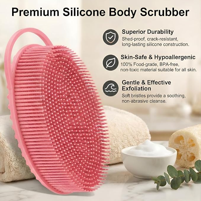 Silicone Body Scrubber, Exfoliating Loofah Alternative for Women Men, Soft Silicone Body Shower, 2 in 1 Bath and Shampoo Brush for Sensitive Skin, Back,Showering, Brush Exfoliator (Pink)