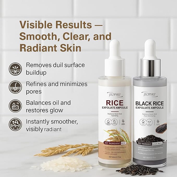 Glow White & Black Rice Exfoliate Ampoule - Peeling Shot Exfoliating Gel with Rice Extract - Gently Removes Dead Skin & Blackheads - for Morning & Night Facial Care for All Skin Types - 2 x 2.7 fl oz