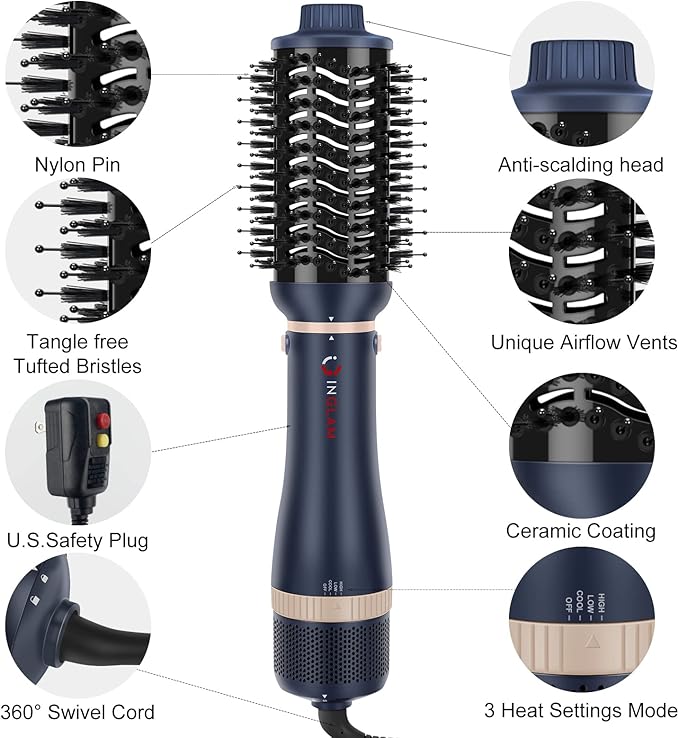 Hair Dryer Brush Set, IG INGLAM 4 in 1 Blowout Brush, Negative Ion Detachable Hair Dryer & Styler Volumizer Hot Air Hair Dryer Brush with 2 Styling Brush Heads, Prussian Blue