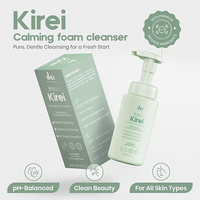 IKI Kirei Foam Cleanser - Gentle Face Wash for Women with Aloe Vera & Cucumber Extract, Hydrating & Soothing, Dermatologically Tested, Suitable for Sensitive Skin, Paraben-Free