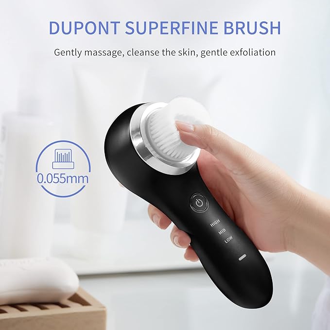 COSBEAUTY Face Scrubber Exfoliator Sonic Facial Cleansing Brush with 5 Interchangeable Brush Head,Face Brush Cleanser for Men IPX7 Waterproof,Wireless Rechargeable for Massaging,Deep Cleansing(Black)