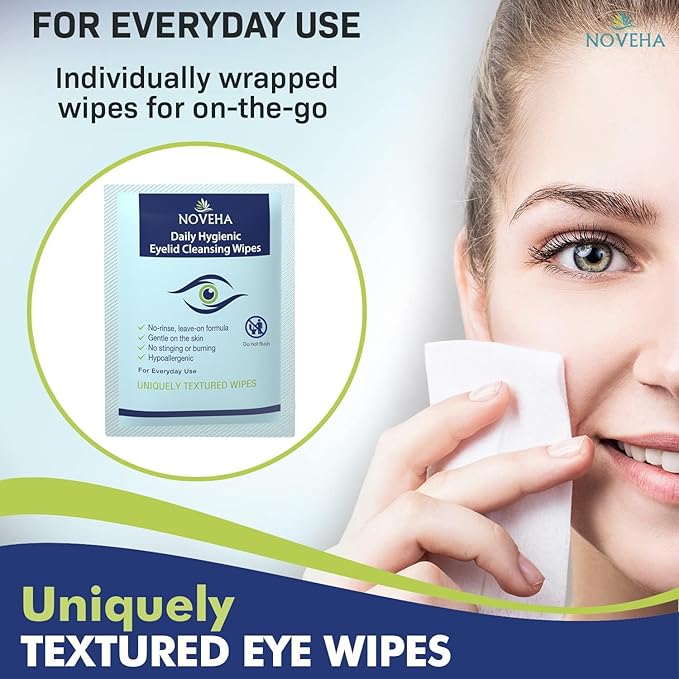 NOVEHA 180Pcs Daily Hygienic Eyelid & Lash Wipes | 120 Individually Wrapped Cleansing Eyelash Wipes - For Blepharitis & Itchy Eyes, Demodex and Natural Makeup Remover & Daily Cleanser (3 Pack)