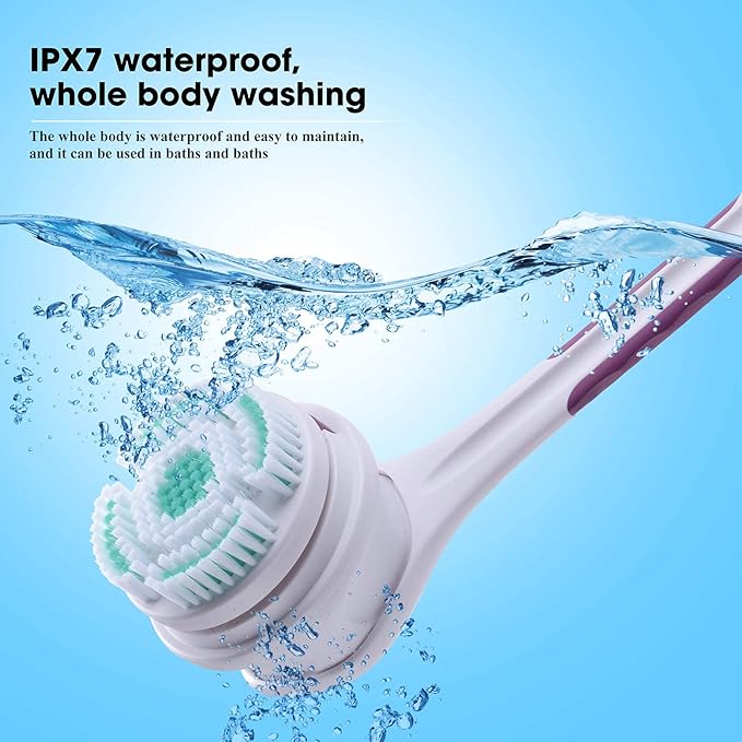SoulBay Electric Body Brush with 5 Attachments: Rechargeable Back Brush IPX7 Long Handle Exfoliating Spin Scrubber for Shower Bathing Cleansing Wash Deep Cleaning