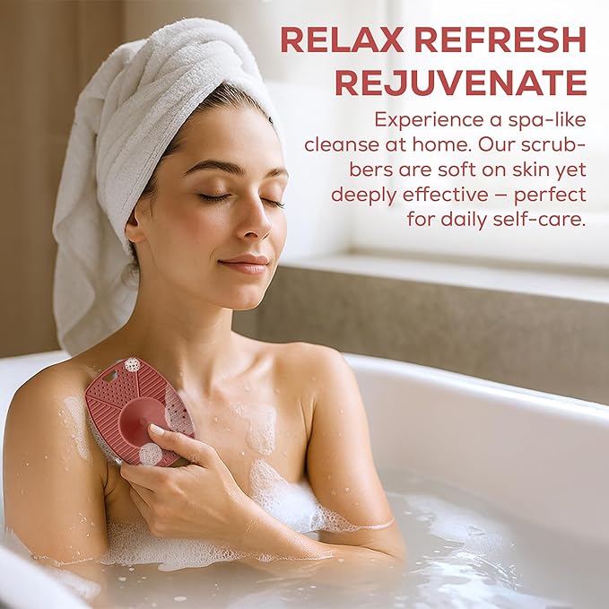 Silicone Body Scrubber – Exfoliating Shower Brush with Suction Handle & Hook | Soft Loofah Alternative for Sensitive Skin | Women, Men, Babies | Dusty Pink