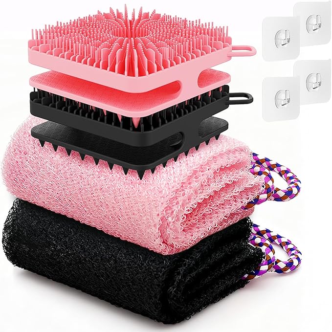 Manmihealth Dual-Sided Silicone Body Scrubber Scalp Massager & African Bath Sponge Net Set, 2-in-1 Silicone Shower Shampoo Brush Africa Wash Net Combination, Lather Well,Strong Exfoliating(Black+Pink)