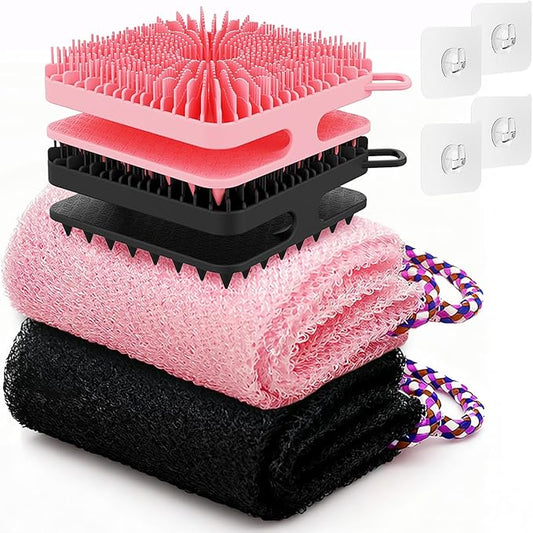 Manmihealth Dual-Sided Silicone Body Scrubber Scalp Massager & African Bath Sponge Net Set, 2-in-1 Silicone Shower Shampoo Brush Africa Wash Net Combination, Lather Well,Strong Exfoliating(Black+Pink)