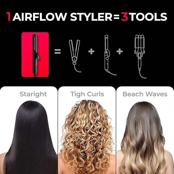 TYMO Airflow 2.0 Curling Iron Flat Iron - Hair Straightener and Curler 2 in 1, 1.25 Inch Curling Wand for Long Short Hair, Dual Voltage for Travel, 54 Million Ionic, Anti-Tangle, 5 Temps, Black