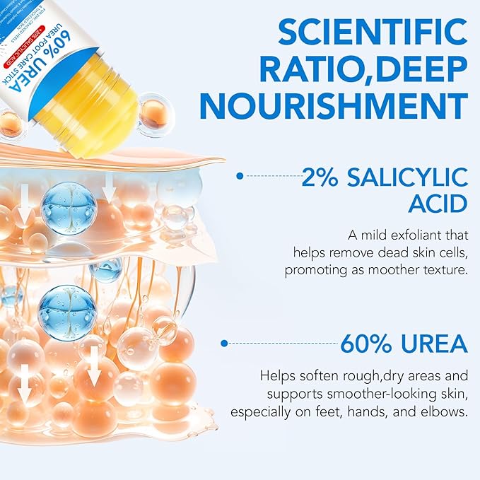 Urea Foot Cream Stick, 60% Urea Cream with 2% Salicylic Acid Foot Care Stick Moisturizer for Dry Cracked Heels, Knees, Hands, Moisturizes & Hydrates Dry Skin, Callus Remover & Skin Softener 1.41 oz