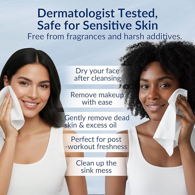 XL Disposable Face Towels, Ultra Soft Makeup Remover Dry Wipes, 100% Biodegradable, Non-Toxic, Facial Towelettes for Washing Face, Thick Towelettes for Sensitive Skin, Unscented, 60 Count