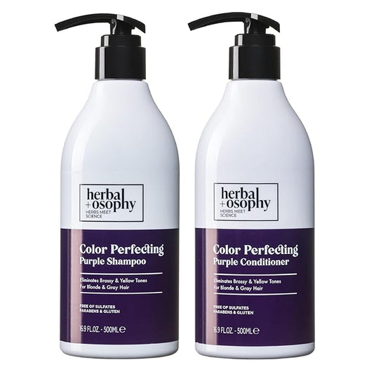 Herbalosophy Purple Shampoo & Conditioner Set for Blonde Gray Hair, Eliminates Brassy and Yellow Tones, Infused with Cocos Nucifera Oil, Free of Sulfate, Parabens and Gluten, 2 x 16.9 Fl Oz