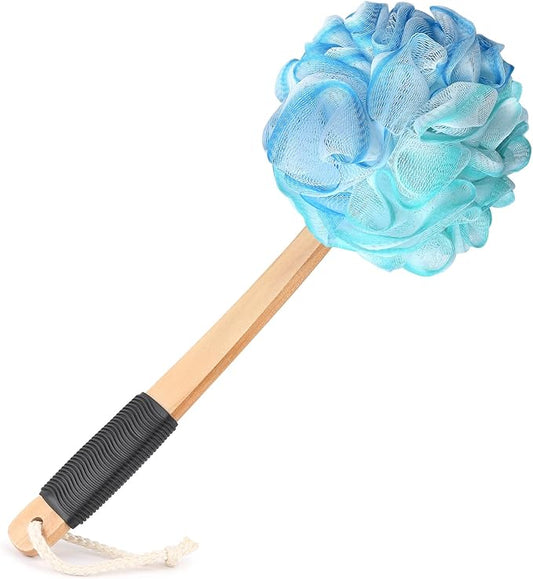 Loofah on a Stick PE Soft Mesh Luffa with Non-Slip Wooden Handle Made of Soft and Sturdy Rubber Material Back Scrubber for Shower for Women and Men with String for Easy Hanging(Blue Green White)