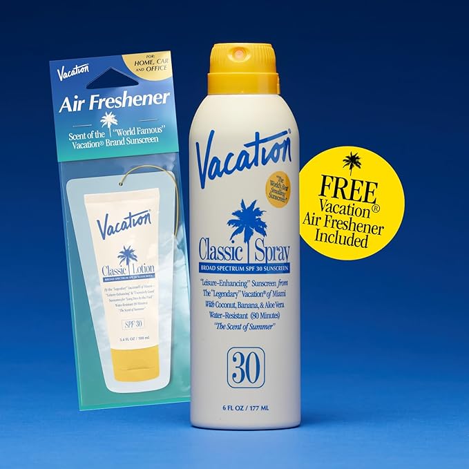 Vacation Classic Sunscreen Spray SPF 30 & Air Freshener Bundle, Water-Resistant, Lightweight, Transparent on All Skin Tones, Dermatologist-Tested, Vegan, 6 Fl. Oz.