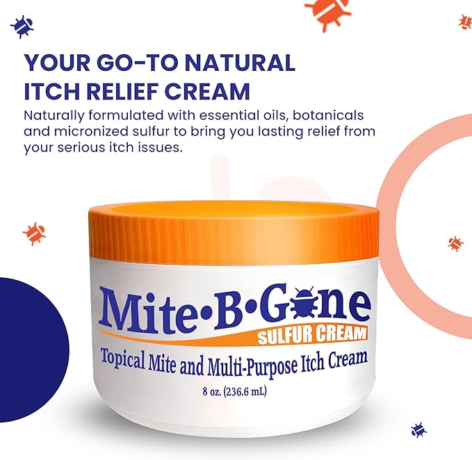 Mite-B-Gone Mite Cream & Bite Relief - Natural Blend Sulfur Cream for Multi-Purpose Bites, Redness, Itching, & Irritation | Safe for Kids and Adults | Fast & Effective for All Skin Types| 8 oz