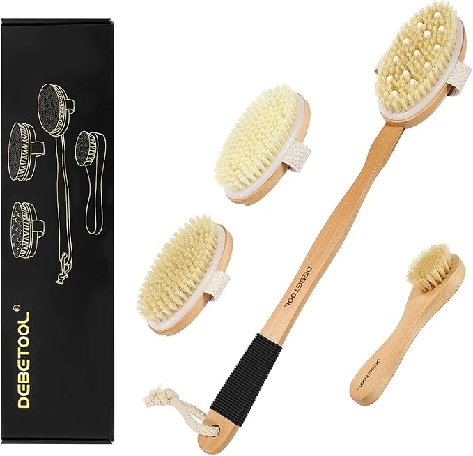 Dry Brush Set for Body & Face - Dry Brushing Body Brush with Long Handle & 3 Replacement Heads (Soft/Medium/Firm) for Lymphatic Drainage Cellulite