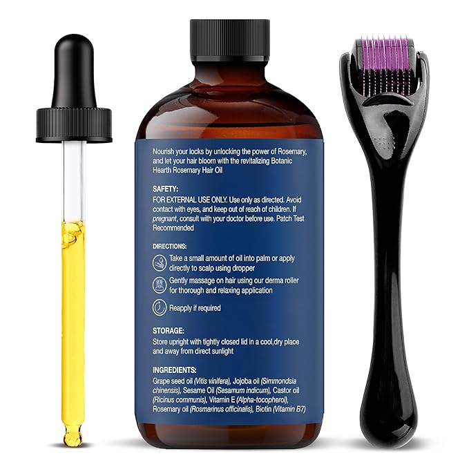 Botanic Hearth Rosemary Hair Oil 2 fl oz | With Derma Roller & Glass Bottle | Hair Growth Oil for Stronger, Thicker Hair | Lightweight, Non-Sticky Formula | Pack in Monocarton