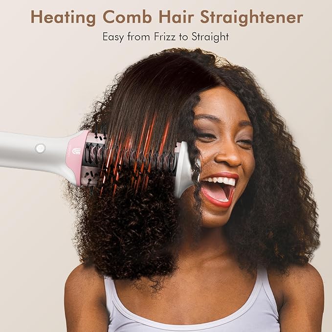 2-in-1 Blow Dryer Brush & Hair Straightener, Ionic & Ceramic Thermal Brush with Adjustable Heat & Cool Shot, 110000 RPM Motor High-Speed Motor for Frizz-Free, Smooth & Voluminous Hair, White with Comb