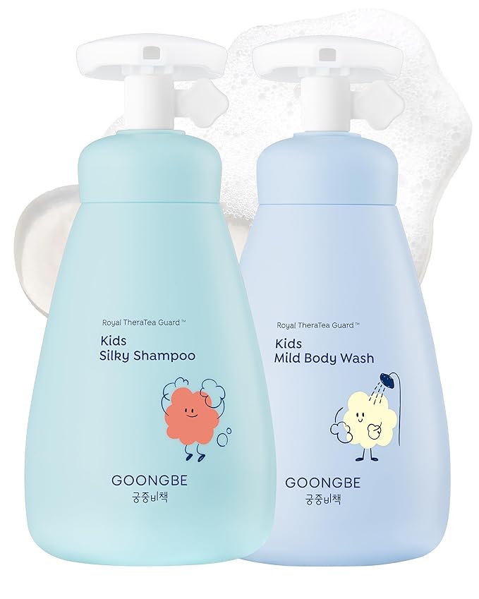 GOONGBE Kids' Bath Time Set - Korean Silky Shampoo & Mild Body Wash - Complete Hair & Body Care for Sensitive Skin - Low pH, Silicone-Free Formula - Allergen Free Scent, 10.1 fl.oz each