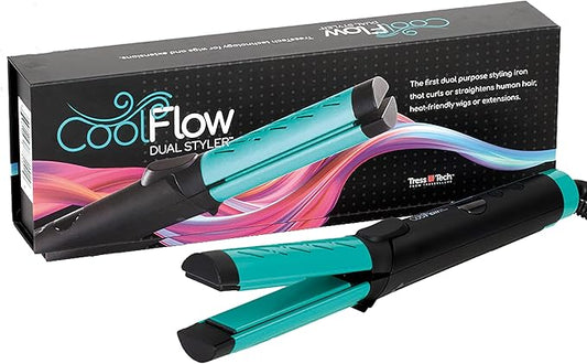 TressTech Cool Flow Dual Styler 2-in-1 Curling & Straightening Iron, Curls or Straightens Human Hair, Heat Friendly Wigs or Extensions, Patented Cooling Technology Adjustable Temp