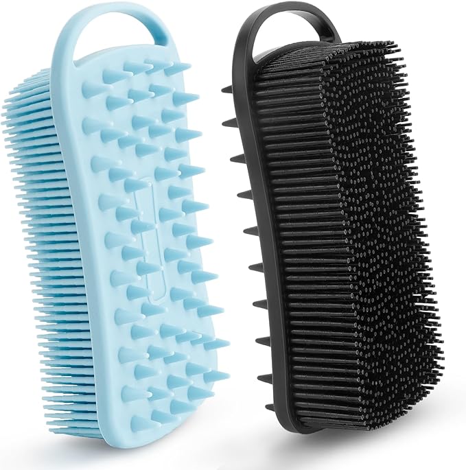 Silicone Body Scrubber, 2 in 1 Soft Silicone Loofah 2 Pack Exfoliating Body Scrubber Loofah for Women Men, Body Scrubber Shower Bath Shampoo Brush with Loop for Sensitive Skin Lather Well, Black &Blue