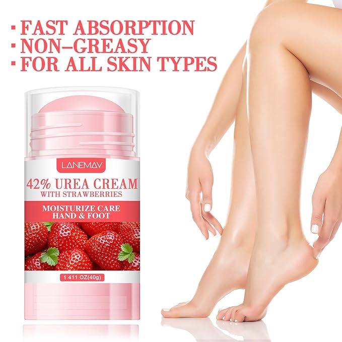 42% Urea Cream Moisturizer plus Strawberry for Dry Cracked Feet Knees Elbows Hands Hydrates & Nourish Foot Care for Softens Exfoliates Dead Skin Smoothing Skin, 1.41Oz