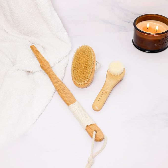 Natural Dry Brush Set for Body and Face - Exfoliate, Stimulate Lymphatic Drainage, Reduce Cellulite - Dry Skin Brushing with Vegan, Boar Bristles and Sustainable Bamboo Handles