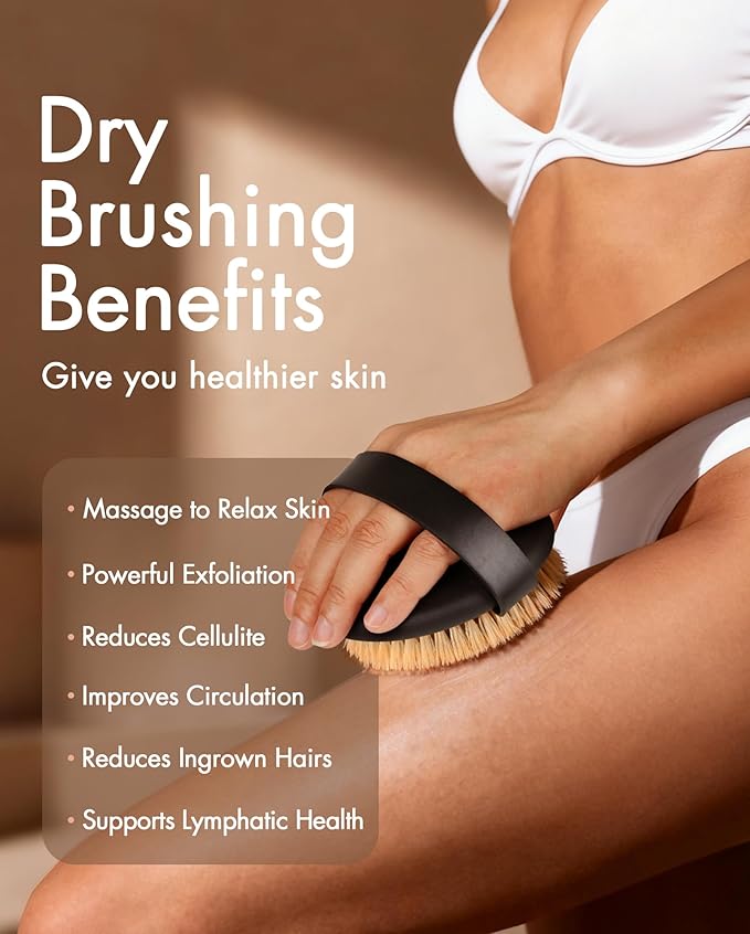 Dry Brushing Body Brush for Massage - Natural Boar Bristle Exfoliating Brush with Massage Nodes for Lymphatic Drainage, Cellulite, Blood Circulation Improving Skin Health for Women Men Elderly(Black)
