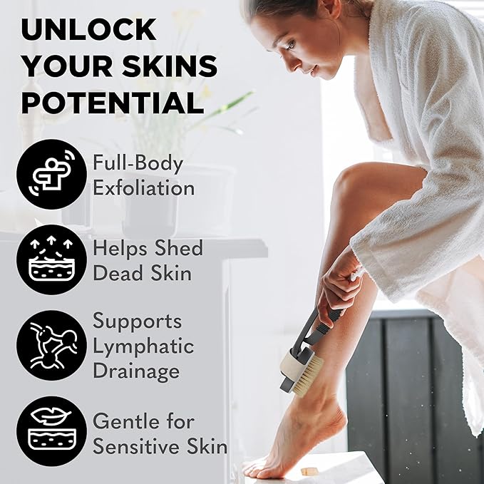 Bearback Dry Brushing Body Brush with Natural Bristles - Premium Exfoliating Brush for Shower or Dry Brushing | Long Folding Handle, Removable Brush Head