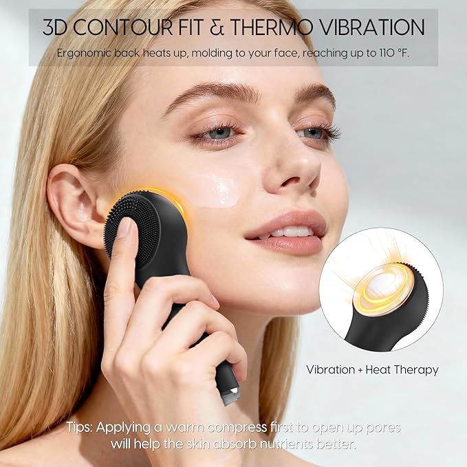 Silicone Facial Cleansing Brush, Portable Electric Face Scrubber with Heat and Vibration, 3 Modes Adjustable, Waterproof IPX6, USB-C Rechargeable, Deep Cleansing, Exfoliating and Massage（Black）