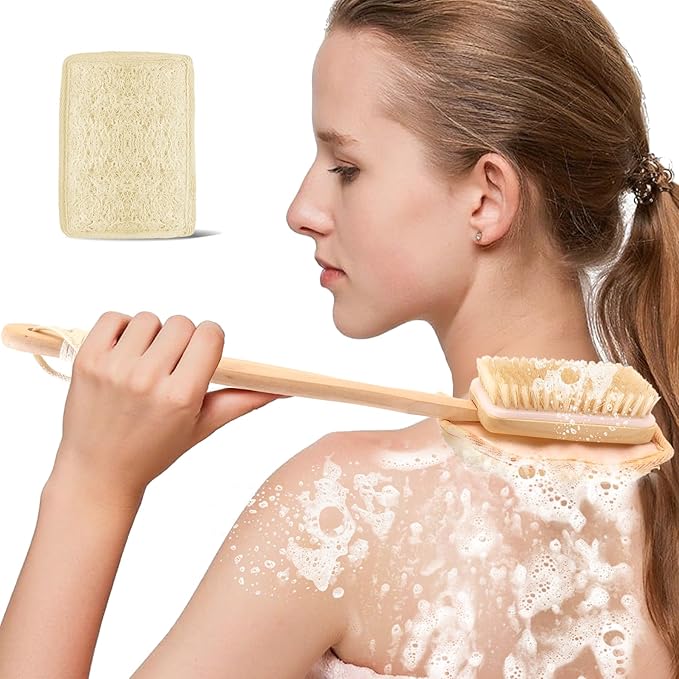 2-in-1 Shower Brush with Loofah Refill Pads, Dual-Sided Long Handle Body Scrubber with Soft & Firm Bristles and Loofah Pad Attachment, Exfoliating Back Brush for Wet or Dry Use, for Men and Women