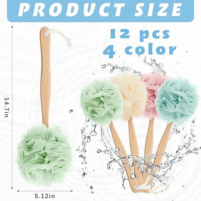 Tessco for you 12 Pcs Large Loofah on a Stick Shower Loofah with Long Handle Back Scrubber for Shower PE Body Bath Sponge Soft Spa Mesh Brush Wash Exfoliating Luffas for Men Women (Light Color)