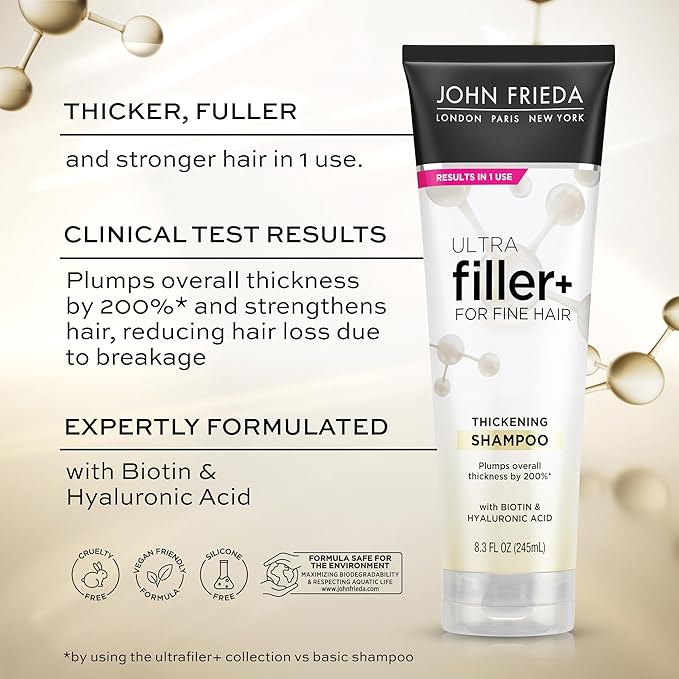 John Frieda ULTRAfiller+ Thickening Shampoo, Strengthening Shampoo for Damaged or Thin Hair, Infused with Biotin and Hyaluronic Acid to Strengthen Hair for Thicker Fuller Results, 8.3 Oz