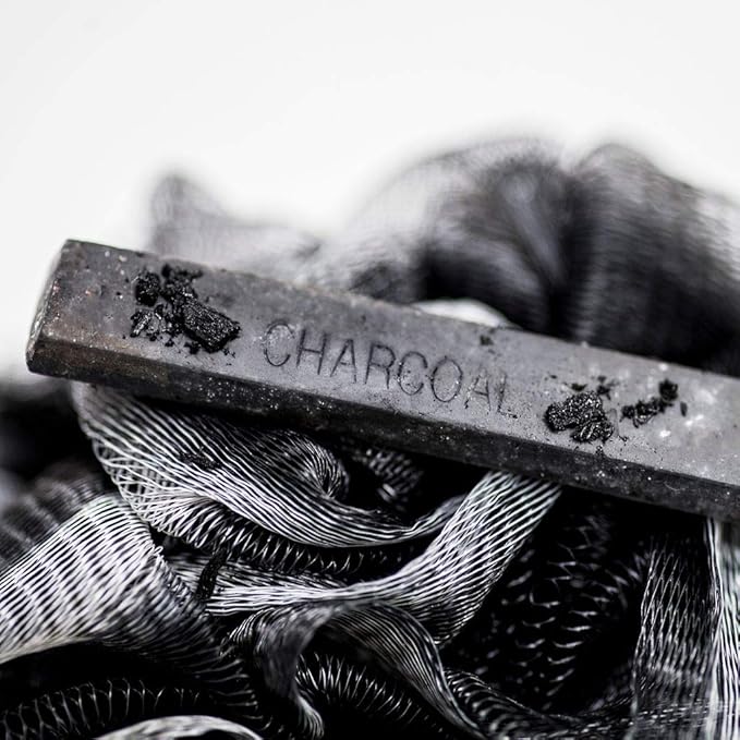 Toem® Loofah Back Scrubber for Shower | Bamboo Charcoal Fiber Infused | Loufas for Men & Women | Includes 1 Long Handled Shower Sponge, 1 Bath & Shower Luffa Pouf & 1 Hook to Hang Stuff (Slate Grey)