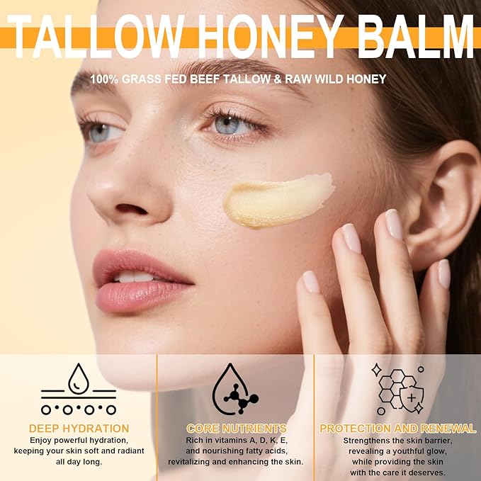 Beef Tallow for Skin, Natural Tallow Balm Face & Body Solid Moisturizer with Raw Honey and Beeswax, Grass-Fed Beef Tallow & Raw Wild Honey Blend, Hydrating Body Lotion for Nourishment,100G/3.5OZ (1PC)